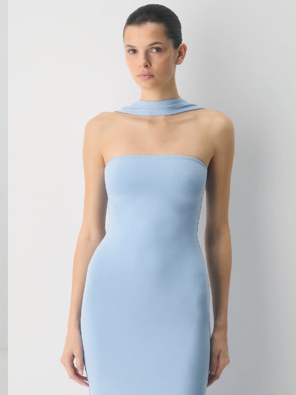 Aritzia Strapless Light Blue Sheath Dress with Chic Scarf Neckline Detail